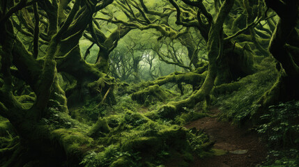 overgrown forest nature moss fantasy - by generative ai - obrazy, fototapety, plakaty
