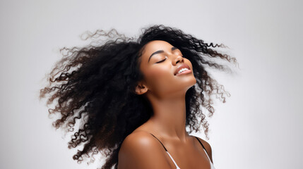 Radiant Afro Beauty: Long, Shiny Curly Hair for Cosmetics Campaigns - obrazy, fototapety, plakaty