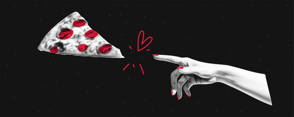 The hand reaches for the pizza. A modern trendy illustration. Halftone effect collage with colorful doodles. Vector banner on noisy background