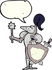 freehand drawn comic book speech bubble cartoon medieval knight with shield