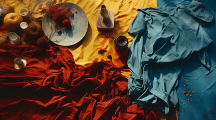 Some colorful clothing items laid out on the table in front of something, in the style of dark yellow and light indigo, colorful washes, light teal and dark red, organic material, stanley pinker. - obrazy, fototapety, plakaty