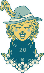 Retro Tattoo Style half orc bard with natural twenty dice roll