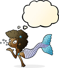 cartoon mermaid blowing kiss with thought bubble
