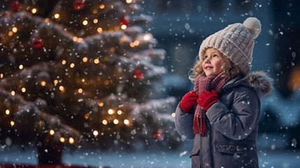 Smiling happy child girl in winter clothes outdoors next to the Christmas tree. Children on New Year concept. 