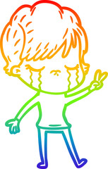 rainbow gradient line drawing of a cartoon woman crying