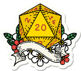 sticker of a natural twenty D20 dice roll