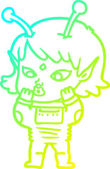 cold gradient line drawing of a pretty cartoon nervous alien girl