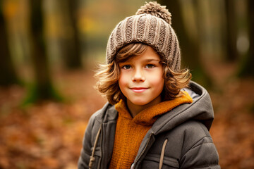Portrait of smiling 10 years old boy in jacket and hat against backdrop of an autumn forest. Concept: autumn holidays, walks in nature, healthy lifestyle. Generative AI.