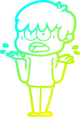 cold gradient line drawing of a worried cartoon boy