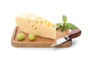 Wooden board with tasty Swiss cheese on white background
