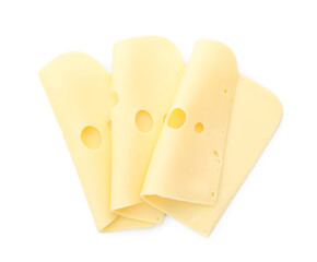 Slices of tasty Swiss cheese on white background
