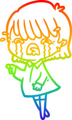 rainbow gradient line drawing of a cartoon girl crying