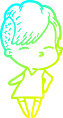cold gradient line drawing of a cartoon squinting girl in dress