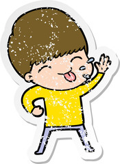 distressed sticker of a happy cartoon boy