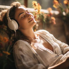 Smiling young woman relaxing while listening music. ASMR.