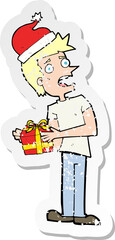 retro distressed sticker of a cartoon man with present