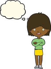 cartoon happy woman with thought bubble