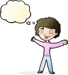 cartoon woman waving arms with thought bubble
