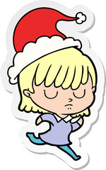 hand drawn sticker cartoon of a woman wearing santa hat