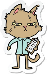 sticker of a tough cartoon cat with clipboard