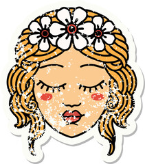 distressed sticker tattoo in traditional style of female face with eyes closed