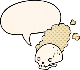cartoon dusty old skull with speech bubble in comic book style