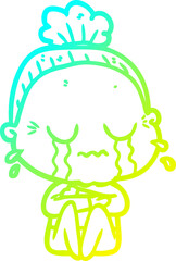 cold gradient line drawing of a cartoon crying old lady