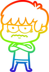 rainbow gradient line drawing of a annoyed cartoon boy