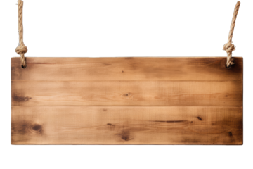 Wooden board hanging on ropes isolated on transparent and white background. Png transparent
