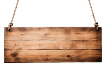 Wooden board hanging on ropes isolated on transparent and white background. Png transparent