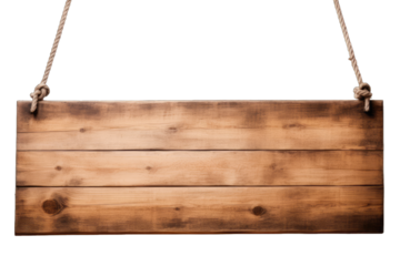 Wooden board hanging on ropes isolated on transparent and white background. Png transparent