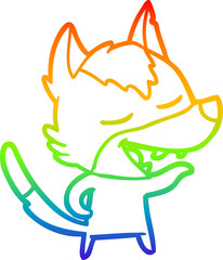 rainbow gradient line drawing of a cartoon wolf laughing