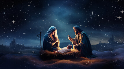 A serene nativity scene with the Holy Family under a starry night, Christmas cards, with copy space - obrazy, fototapety, plakaty