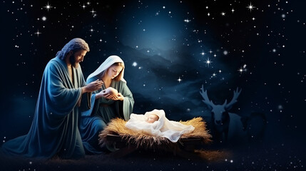 A serene nativity scene with the Holy Family under a starry night, Christmas cards, with copy space - obrazy, fototapety, plakaty