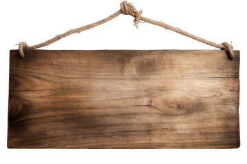 Wooden board hanging on ropes isolated on transparent and white background. Png transparent