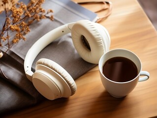 Music and Literature Unwind: Headphones on Wooden Table with Coffee and Book - Suitable for Podcast Recommendations, Self-Care Guides