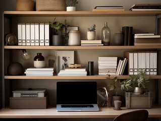 Personal Touch Productivity: Organized Office Desk in Cozy, Book-Lined Home Workspace - Suitable for Home Organization Blogs, Remote Work Webinars, Design Magazines, Home Decor Inspirations - obrazy, fototapety, plakaty