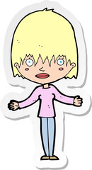 sticker of a cartoon woman shrugging shoulders