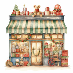 A watercolor illustration of a vintage toy shop with toys and gifts, Christmas cards, watercolor style, white background, with copy space