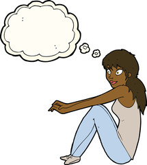 cartoon happy woman sitting with thought bubble