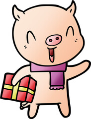 happy cartoon pig with xmas present