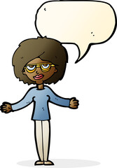 cartoon woman wearing spectacles with speech bubble