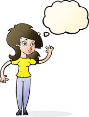 cartoon pretty woman waving with thought bubble