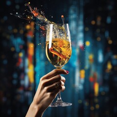 woman hand with champagne or other drink on colorful blurry background. Season greetings or happy birthday concept. Generative AI
