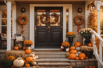 Cute and cozy cottage with fall decorations pumpkins. ai generative