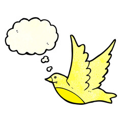 cartoon flying bird with thought bubble