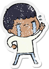 distressed sticker of a cartoon man crying