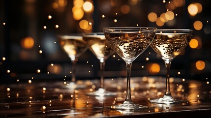 Champagne, glasses filled with alcohol. Festive setting with bokeh lights. New Year banner with a beautiful drink, free space for copy space. Chilled cocktail.