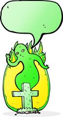 cartoon ghost rising from grave with speech bubble