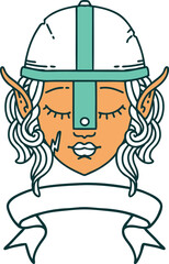 Retro Tattoo Style elf fighter character face with banner